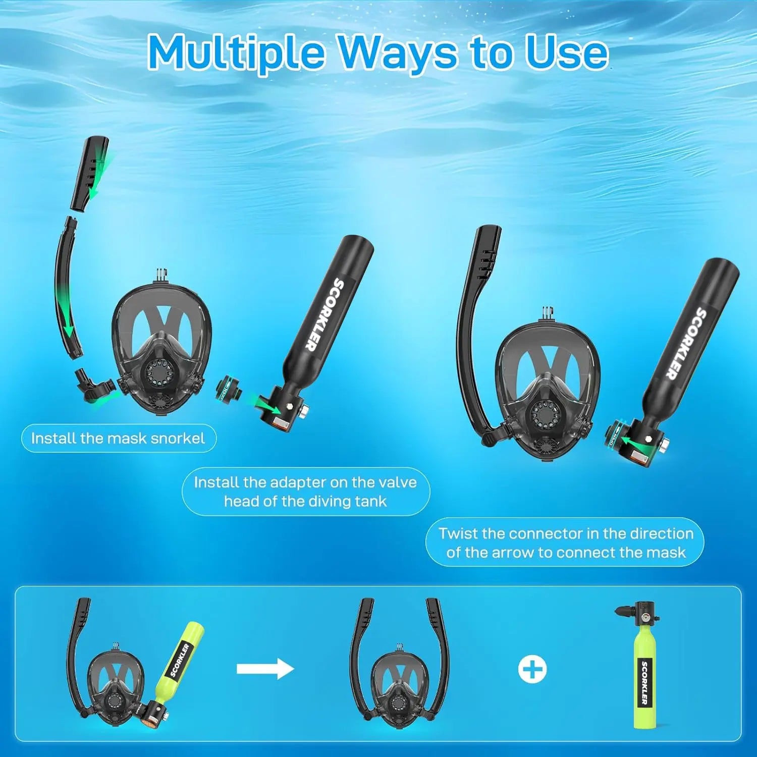 SOCRKLER 0.5L Scuba Diving Tank Set,Mini Oxygen Cylinder with Full Face Snorkel Mask,Portable Travel Diving Kit Christmas Gift