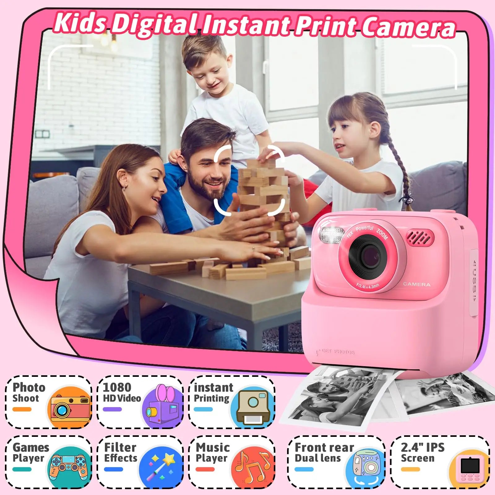 AMORUS Kids Camera Instant 1080P HD Dual Lens Selfie Digital Camera for Girls Boys Christmas Birthday Gifts Toys With 32G Print